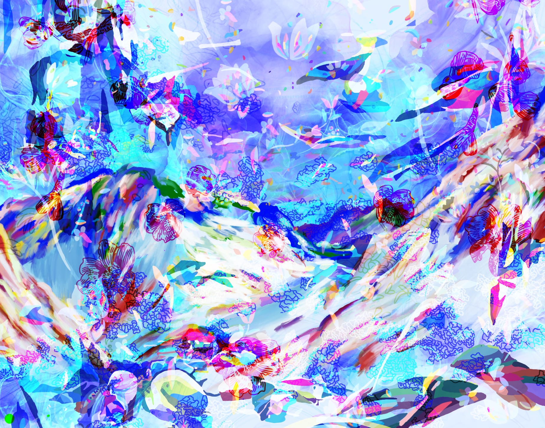 Digital drawing collage. White snowy mountains painted with gem-colored highlights. Layered with colored shards of light and line drawings of flowers on top.