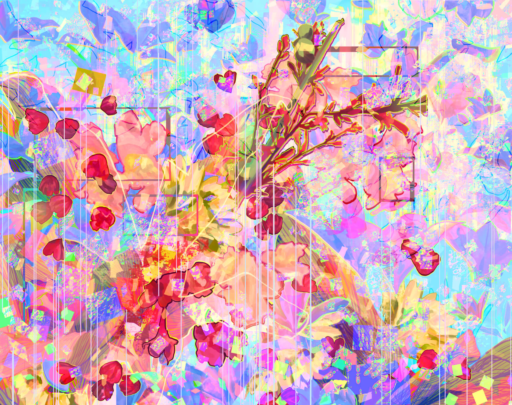 A digital drawing collage, somewhat abstract. Overlaping pink flowers sprout out of the bottom, left corner. The background is bright blue with purple flowers and bright glitch effects.
