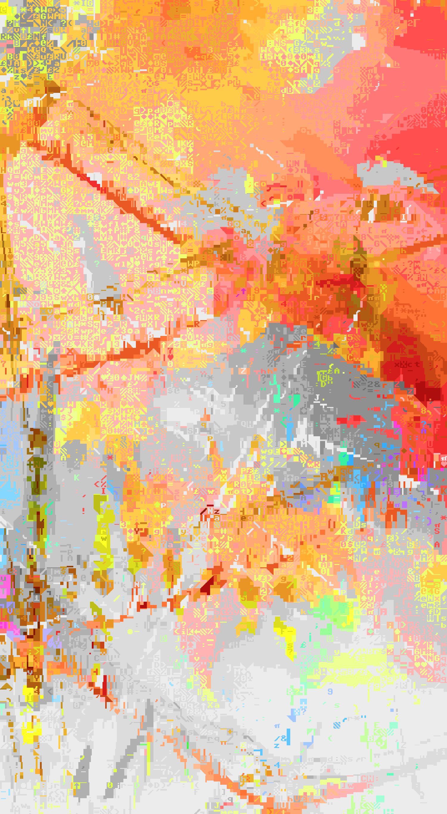glitch art made with text characters. A collision of the great sky columns.