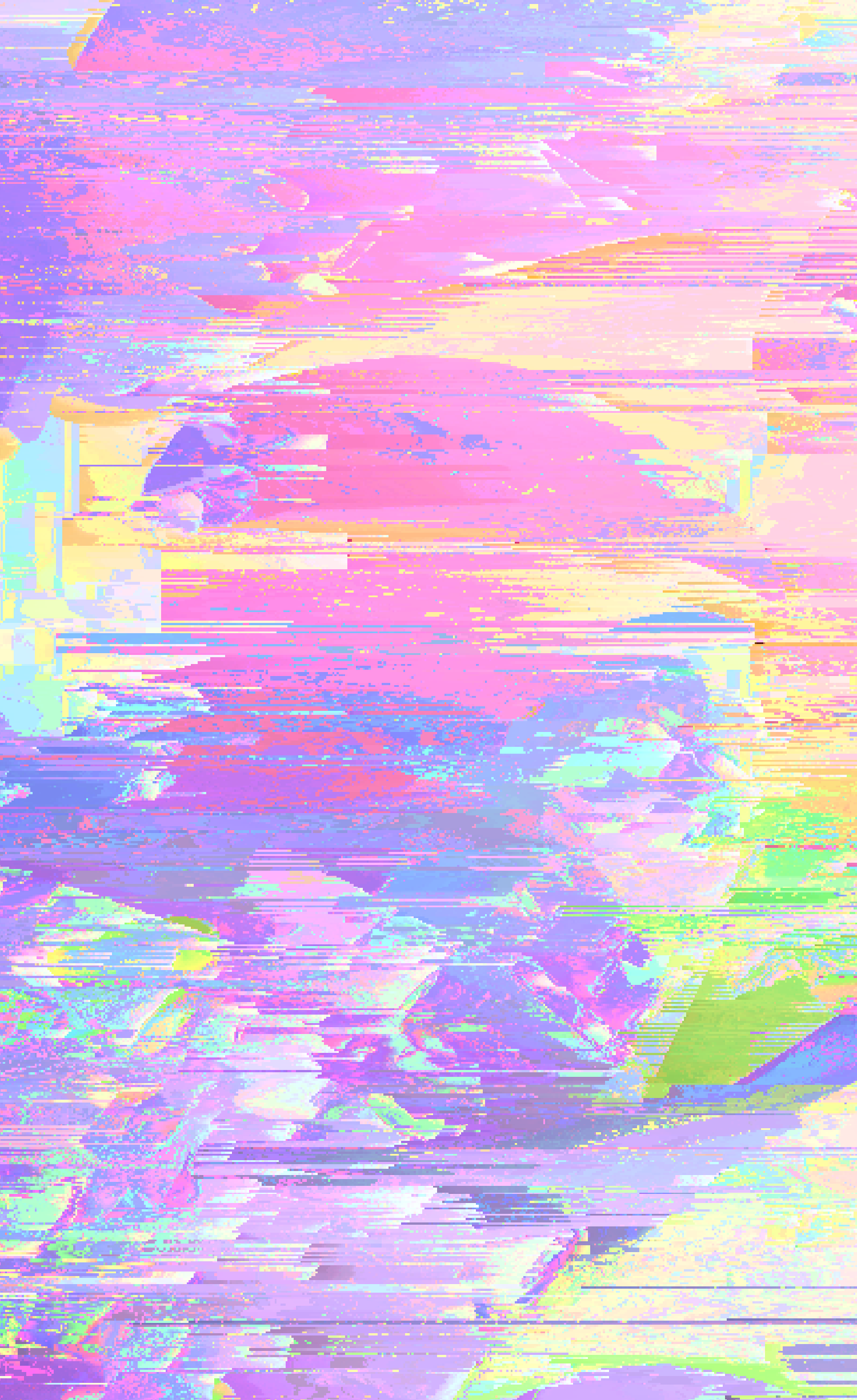 Glitch art created by pixel sorting. A neon pink half circle is surrounded by abstract iridescent shapes. It resembles a setting sun over a turbulent, colorful horizon.
